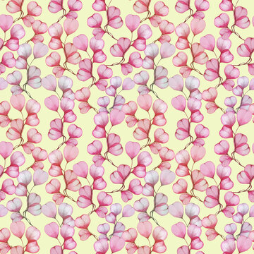 Floral vintage background. Watercolour romantic pink eucalyptus branches seamless pattern.Floral vintage background. Watercolour romantic pink eucalyptus branches seamless pattern.