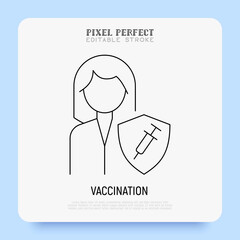 Coronavirus vaccination. Virus protection: woman is protected by shield with vaccine. Immune system. Thin line icon. Pixel perfect, editable stroke. Vector illustration.