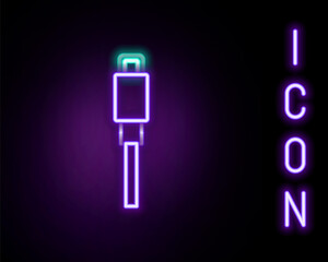 Glowing neon line USB cable cord icon isolated on black background. Connectors and sockets for PC and mobile devices. Colorful outline concept. Vector.