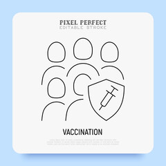 Massive coronavirus vaccination. Virus protection: group of people is protected by shield with vaccine. Immune system. Thin line icon. Pixel perfect, editable stroke. Vector illustration.