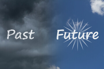 Bad past and bright future message with stormy clouds and clear day