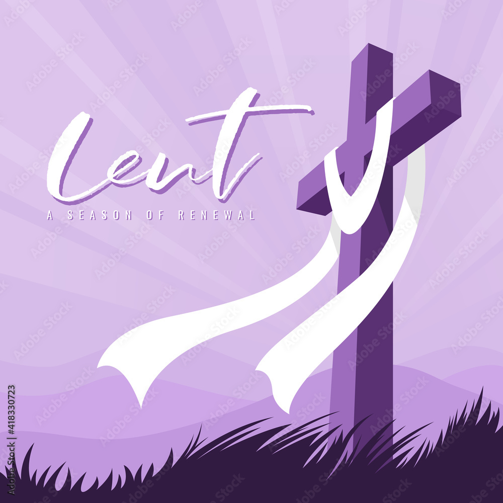 Wall mural lent , a season of renewal with white cloth hung on cross crucifix purple tone style vector design