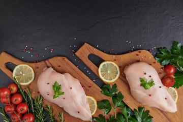 raw chicken fillet with garlic, pepper and rosemary on wooden on chopping board. fresh fillet....