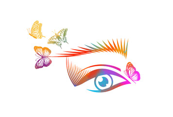 Logo is a beautiful female eye. Lashes with butterflies. multicolored eye symbol. Mixed media. Vector illustration