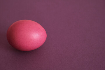 Painted pink egg on a violet background.