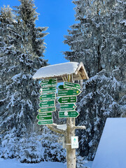Wanderschilder im verschneiten Thüringer Wald