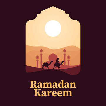 Ramadan Kareem greeting with Camels Riding in the Desert Sand Going to mosque
