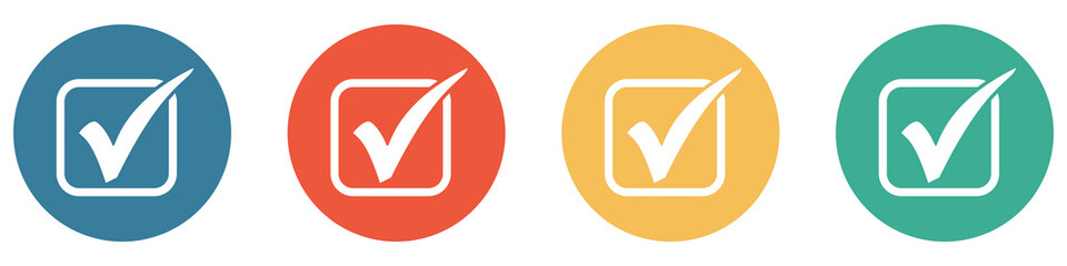 Bunter Banner mit 4 Buttons: Häkchen zum Wählen, Bestätigen oder Abstimmen