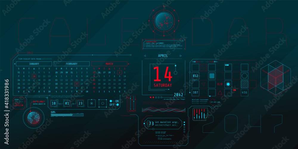 Wall mural composition of computer hud interface with calendar.