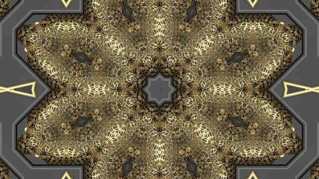 3D Looped futuristic geometric background. Hypnotic luxury kaleidoscopic pattern.
