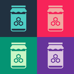 Pop art Jar of honey icon isolated on color background. Food bank. Sweet natural food symbol. Vector.