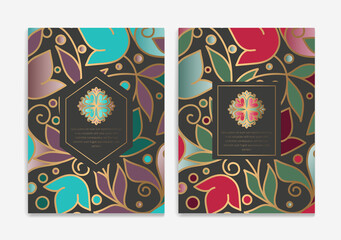 Invitation card design with colorful pattern and decorative golden elements. Luxury vector template. Great for flyer, menu, brochure, postcard, background, wallpaper, decoration or any desired idea.