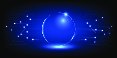 Future tech stage layout with empty dome floating central and glowing particles go through side.Vector illustrations.  