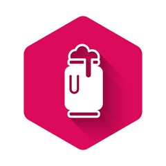 White Beer can with foam icon isolated with long shadow background. Pink hexagon button. Vector.