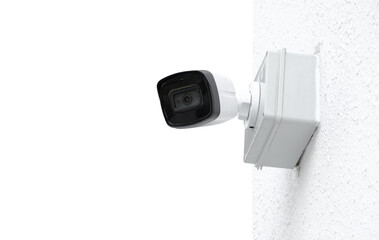 Modern public CCTV camera isolated on white background. Intelligent recording cameras for monitoring all day and night. Concept of surveillance and monitoring with clipping path copy space.
