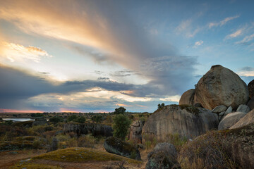 Sunset in the Natural Area of Barruecos. Malpartida de Caceres. Extremadura. Spain.