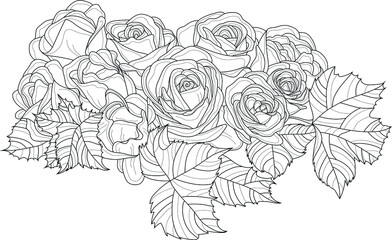 Realistic flower bouquet with rose and leafs sketch template. Cartoon vector illustration in black and white for games, background, pattern, decor. Coloring paper, page, story book. Print for fabrics 
