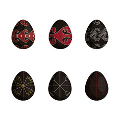 Set of vector simple Easter eggs. Easter eggs of dark brown color whith gold and red traditional ornament. Clip art of Easter eggs. Printable for stickers and greeting cards or cardboard. 