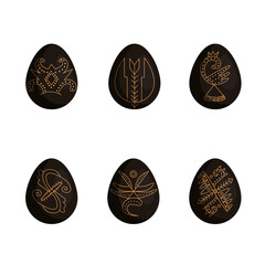 Set of vector simple Easter eggs. Easter eggs of dark brown color whith gold traditional ornament whith animals. Clip art of Easter eggs. Printable for stickers and greeting cards or cardboard.