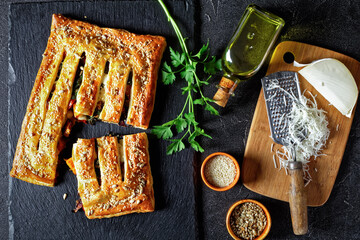 Puff pastry vegetable pie with cheese, top view