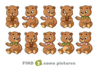 Set of cute teddy bears.  Find two same pictures. Educational game for children. Cartoon vector illustration.