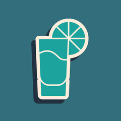 Green Tequila glass with lemon icon isolated on green background. Mexican alcohol drink. Long shadow style. Vector.