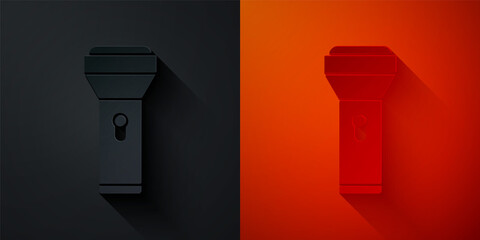 Paper cut Flashlight icon isolated on black and red background. Paper art style. Vector.