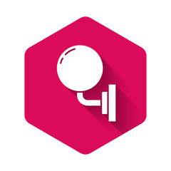 White Wall lamp or sconce icon isolated with long shadow background. Wall lamp light. Pink hexagon button. Vector.