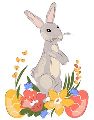 Vintage easter bunny with flowers and eggs. Easter print, card. Realistic vector illustration