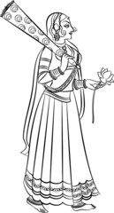 Lord's Gopika, Sevika, or lady servants in Indian mythology. who serves God. Wall painting in Rajasthan India. Kalamkari