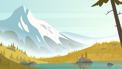 Great snow mountain by the lake shore on a fresh calm clean autumn day. Cartoon modern style landscape