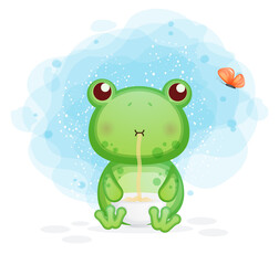 Cute frog eat noodle cartoon illustration. animal food Premium Vector