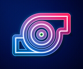 Glowing neon line Automotive turbocharger icon isolated on blue background. Vehicle performance turbo. Turbo compressor induction. Vector.