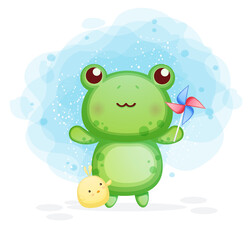 Cute frog in the bathtub with chicks cartoon illustration Premium Vector