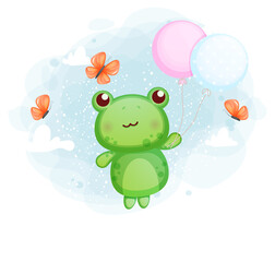 Cute little frog flying with balloon Premium Vector