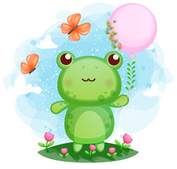 Cute little frog holding a balloon Premium Vector