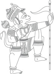Monkeyface god of power, lord Hanuman and his servants or Sevak as they are called. in Indian folk art Pinguli style. for textile printing, logo, wallpaper