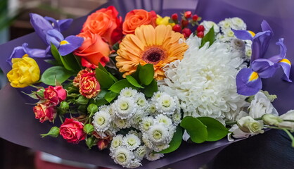 Bouquet of flowers of roses, irises, gerbera, white Aster in purple paper packaging close-up