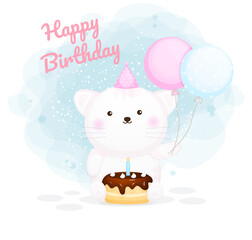 Happy birthday cute kitty cartoon character Premium Vector