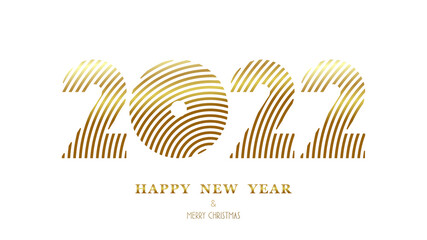 Congratulatory banner Happy New Year 2022. The golden numbers of the year consist of fragments of eccentric circles.