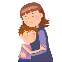 Vector illustration, happy hugs of mom and son, sincere love of children for mom. Suitable for web design, children's books, congratulations on Mother's Day, International Day on March 8.