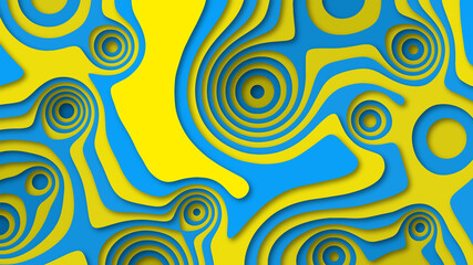 Background with wavy relief geometric forms. Smooth layered shapes in bright yellow and blue colors in papercut style.