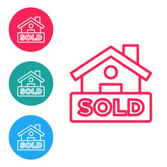 Red line Hanging sign with text Sold icon isolated on white background. Sold sticker. Sold signboard. Set icons in circle buttons. Vector.
