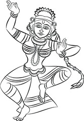 Kalamkari Indian traditional art on linen fabrics. Gopika or Lord's lady servants are drawn in different backgrounds. for textile printing, logo, wallpaper