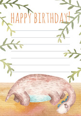 Birthday Party Card Template, Invitation, Greeting Card with Cute sleeping Colorful Dinosaurs