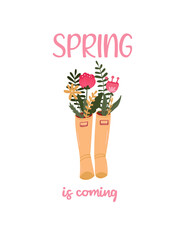Spring is coming quote. Yellow Rubber boots with flowers bouquet. Garden greeting card.