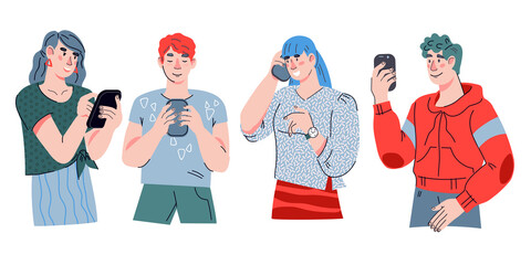 Chat and social media concept illustration of young people using mobile phones for texting messages via internet. Men and women using cell phones, cartoon vector illustration isolated on background. © Anastasia