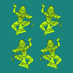 Kalamkari Indian traditional art on linen fabrics. Gopika or Lord's lady servants are drawn in different backgrounds. for textile printing, logo, wallpaper