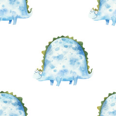 seamless pattern with cute blue dinosaur, cute watercolor baby illustration