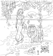 Fototapeta na wymiar Cute girl and lion. princess. outlined for coloring book